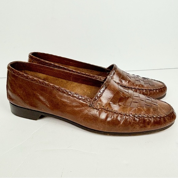 Vintag Footjoy Shoes Mens 9.5M Brown Loafers Woven Leather